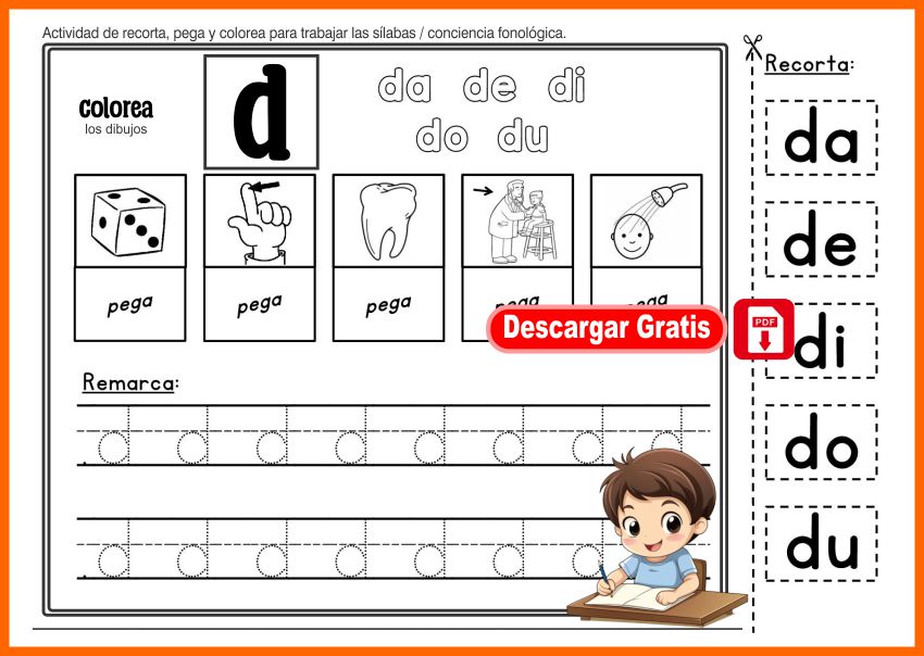 Actividad para recortar, pegar, colorear y repasar sílabas
