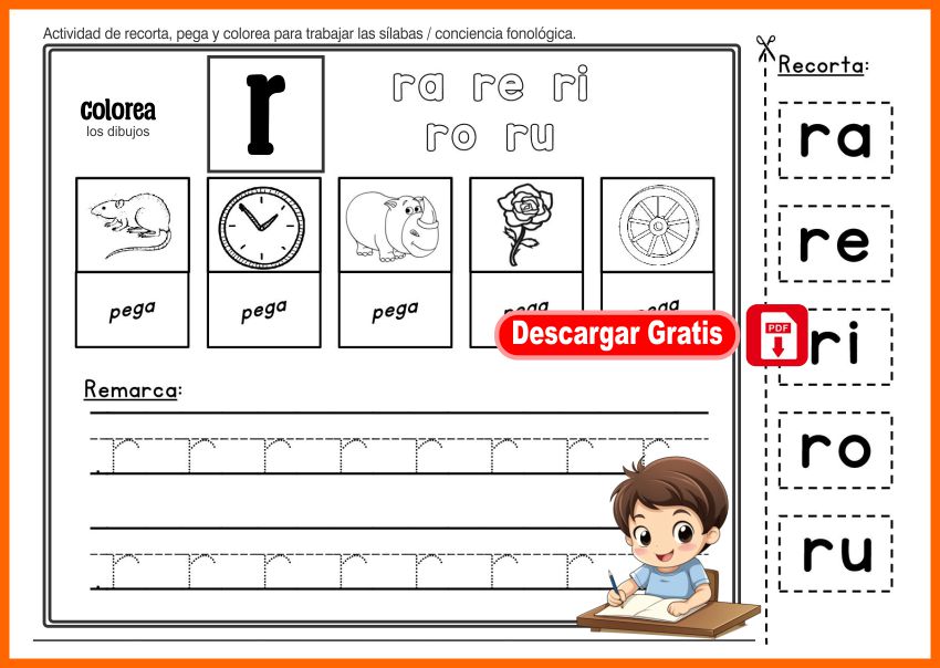 Actividad para recortar, pegar, colorear y repasar sílabas