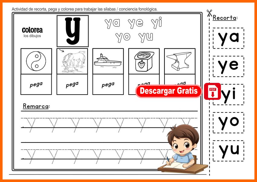 Actividad para recortar, pegar, colorear y repasar sílabas